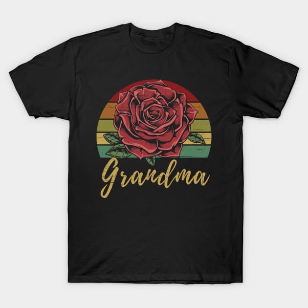 Distressed Retro Red Rose Grandma T-Shirt by CoffeeandTeas